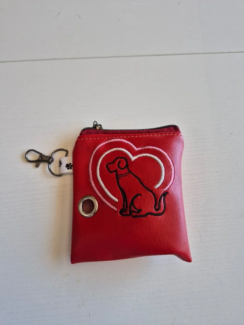 Handcrafted Red Embroidered Dog Poop Bag Holder with Leash Clip Dispenser
